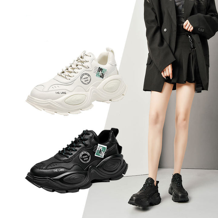 Thick-Soled Korean Sneakers Beige Casual Shoes