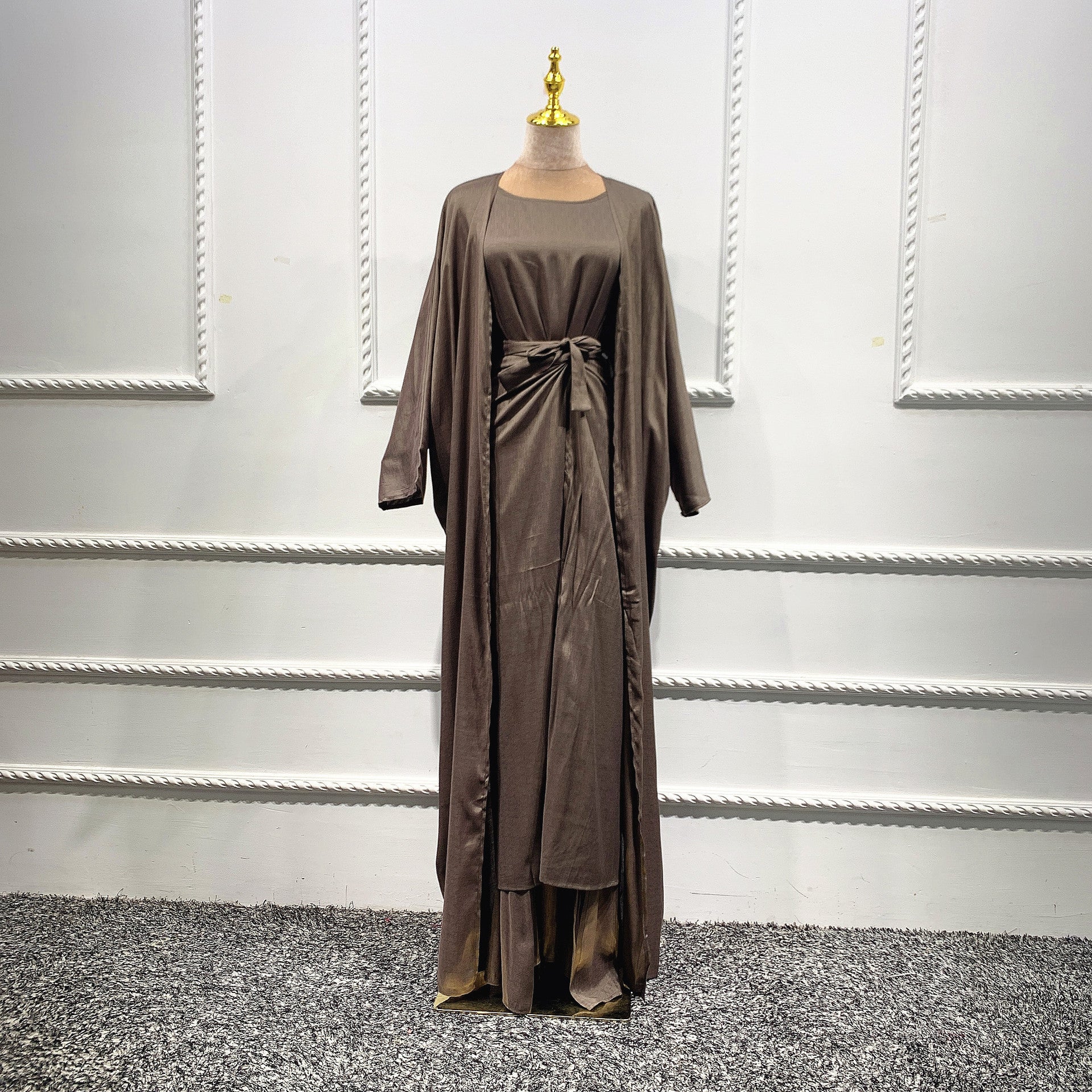 Muslim Women's Wear Gown Cardigan Robe Solid Color Three-piece Set
